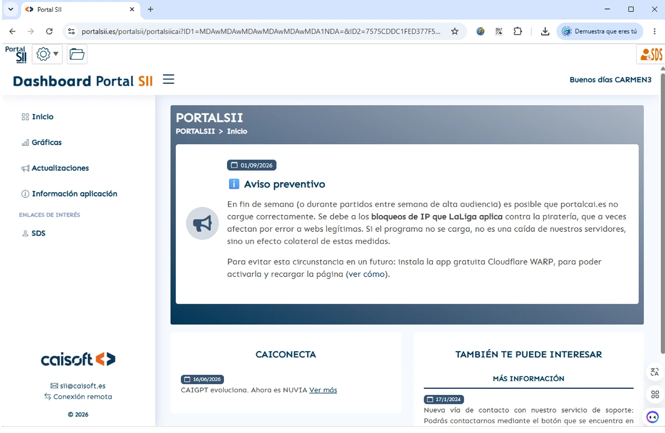 Pantalla de inicio del Dashboard de Portal SII con un aviso y accesos rápidos