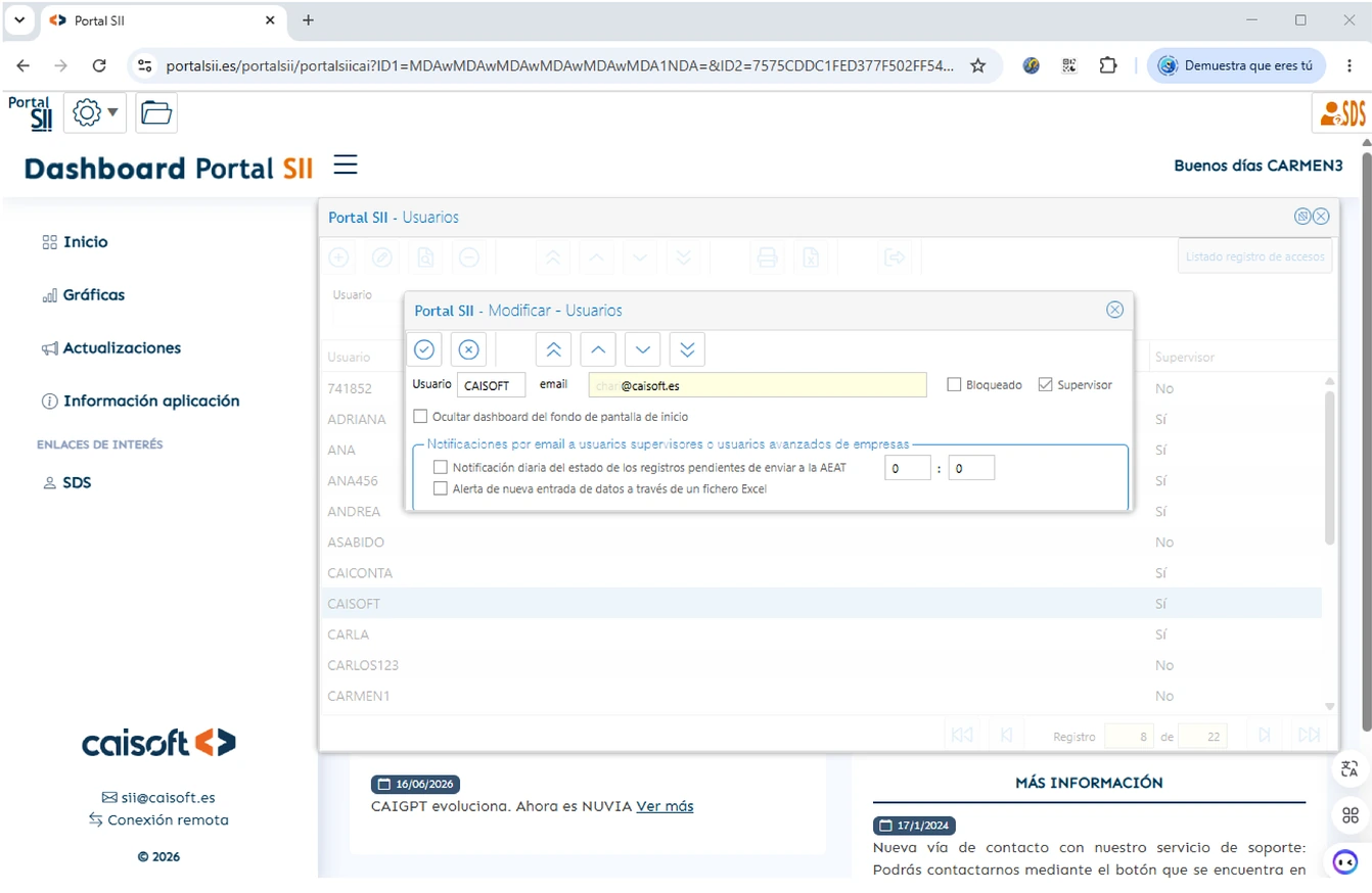 Pantalla de gestión de usuarios y permisos de supervisor en Portal SII