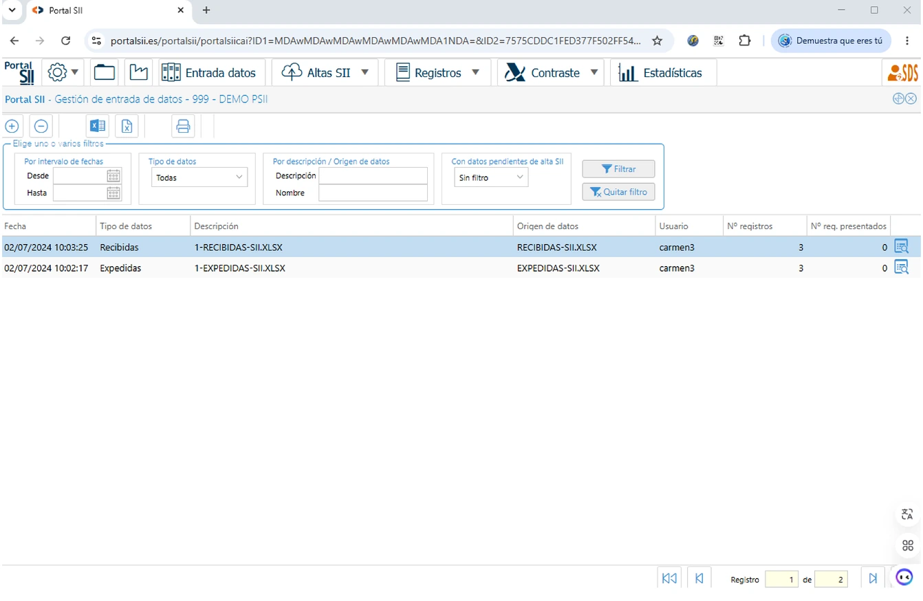 Pantalla de gestión de entrada de datos de Portal SII con ficheros Excel importados