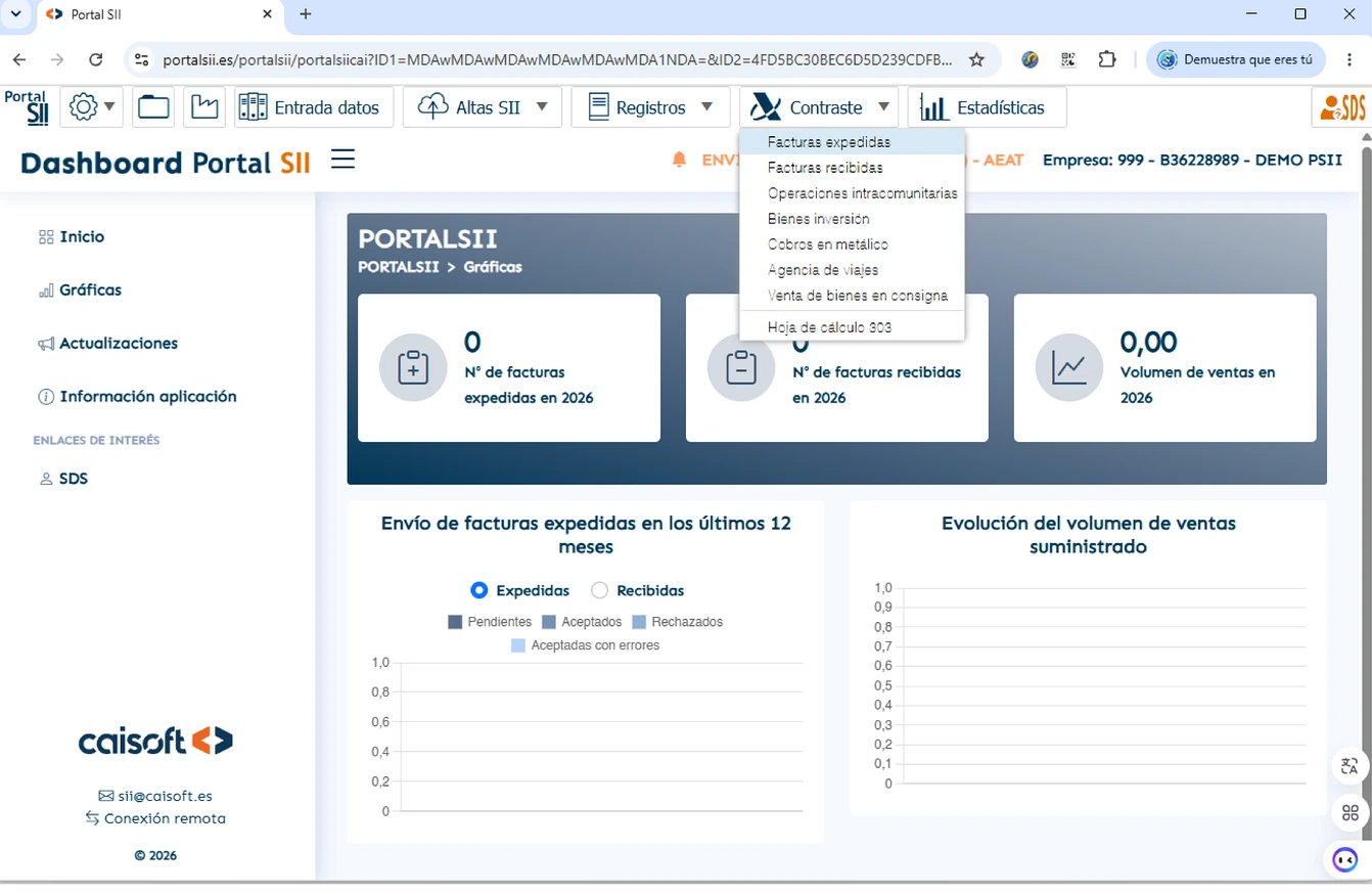 Menú de contraste de Portal SII con gráficas de facturas expedidas y recibidas