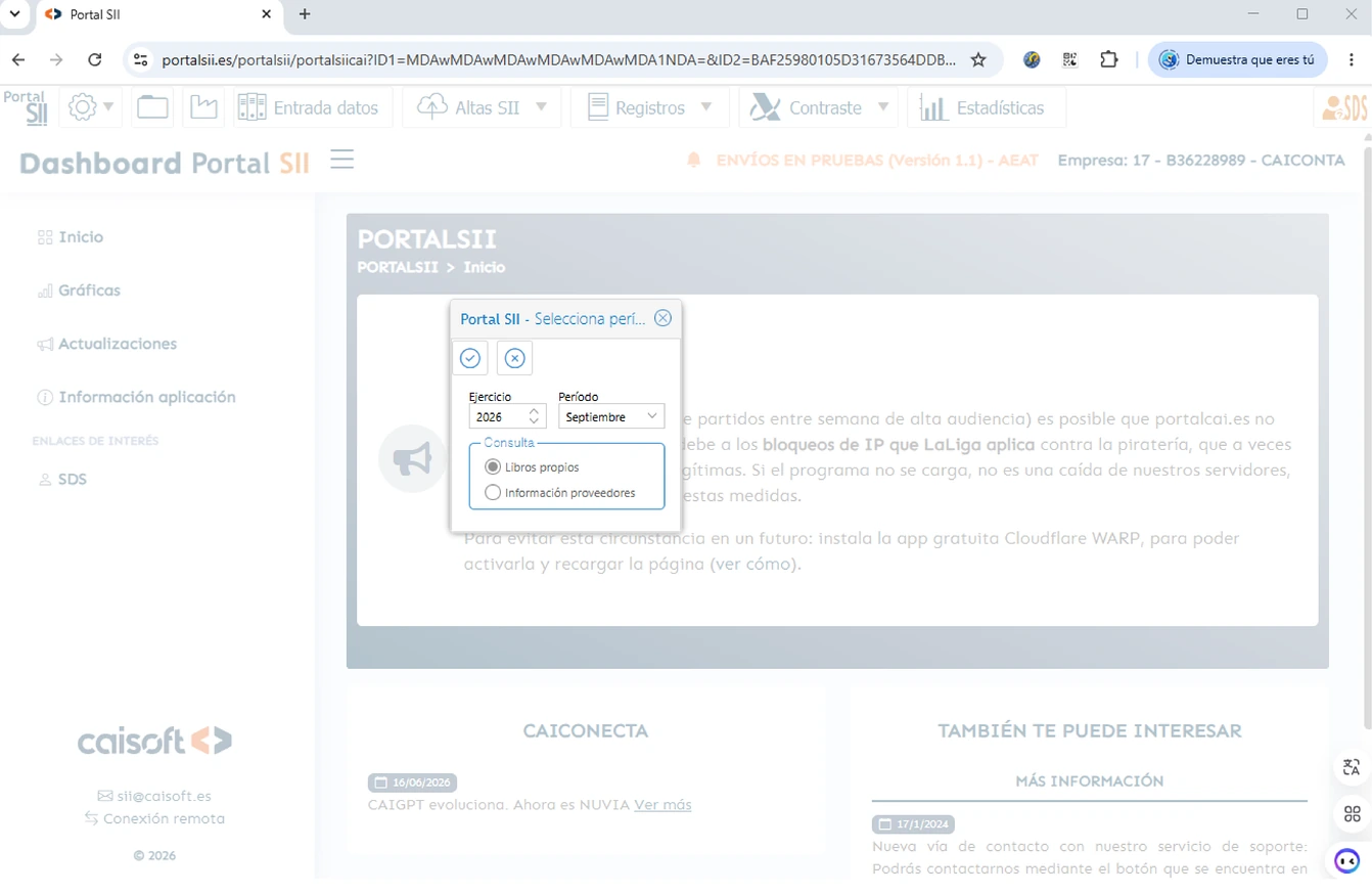 Ventana de selección de periodo y consulta de información de terceros en Portal SII