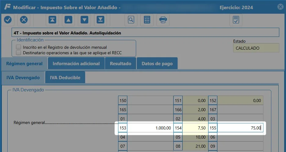 Formulario de autoliquidación del modelo 303 con tipo del 7,5% en las casillas 153 a 155