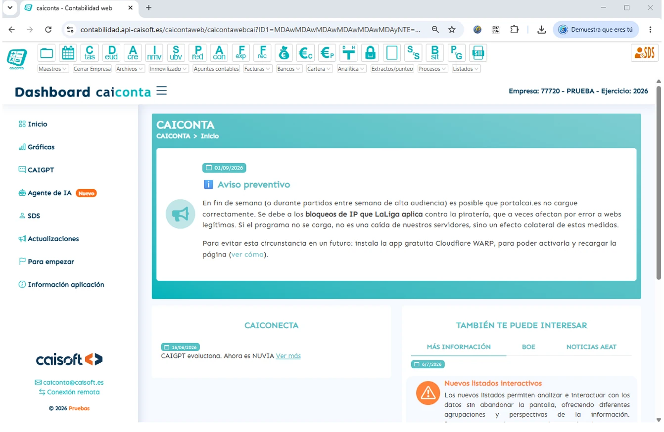 Pantalla de introducción de apuntes contables en CAICONTA