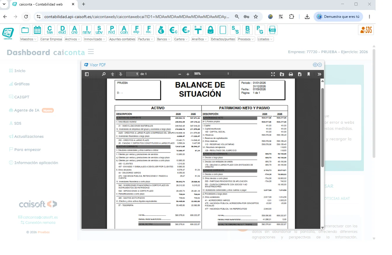 Listado del Balance de Situación en el software contable CAICONTA