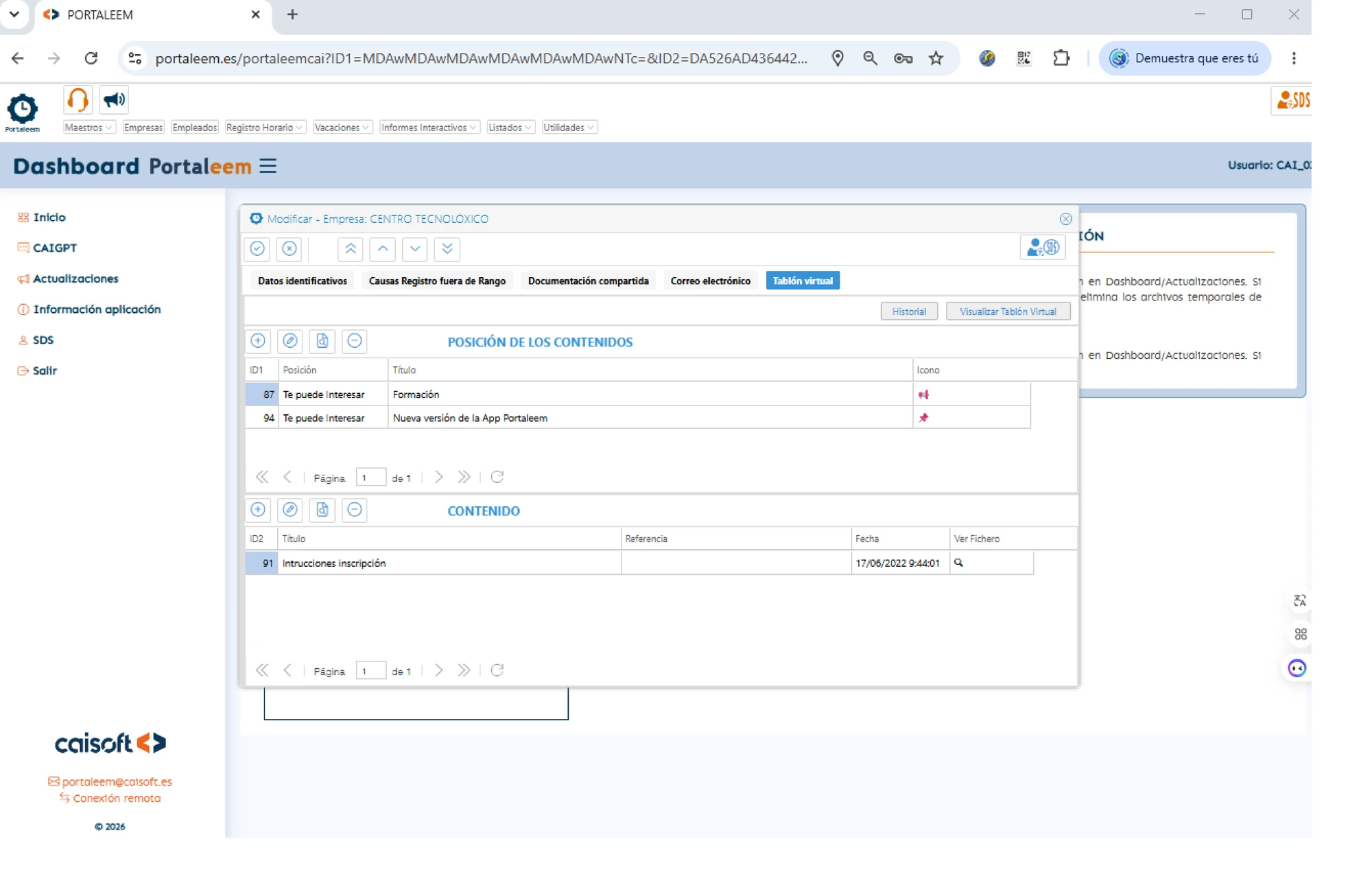 Pantalla de configuración del tablón virtual de Portaleem con el listado de contenidos publicados