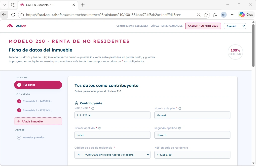 Formulario web del modelo 210 de no residentes en CAIREN
